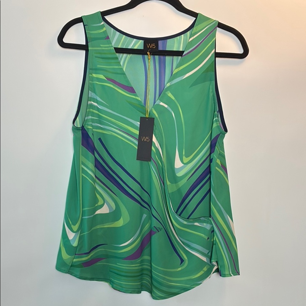 W5 Anthropologie Green Swirl Tank Top - Faux Wrap
